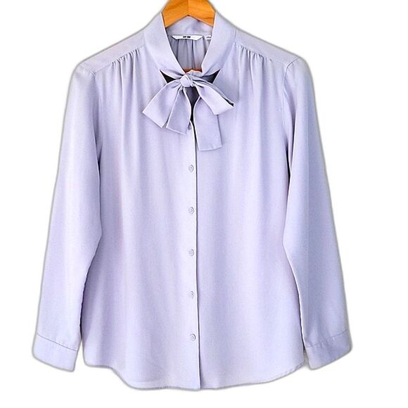 UNIQLO Purple Bow Tie Long Sleeve Button Down Shirt size XS Professional Dressy - Picture 1 of 14